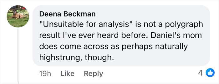 Facebook comment by Deena Beckman discussing the phrase unsuitable for analysis in polygraph results for missing kids case.