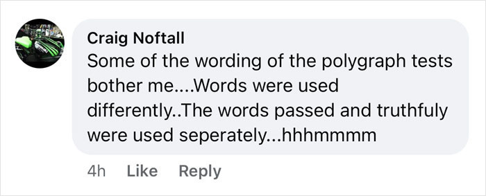 Comment from Craig Noftall discussing concerns about the wording of polygraph results related to disappeared kids case.