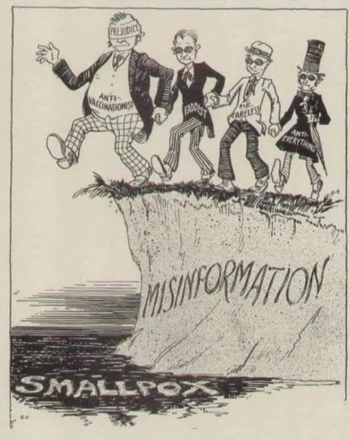 Vintage cartoon showing anti-vaccinationists walking off a cliff labeled misinformation into smallpox below.