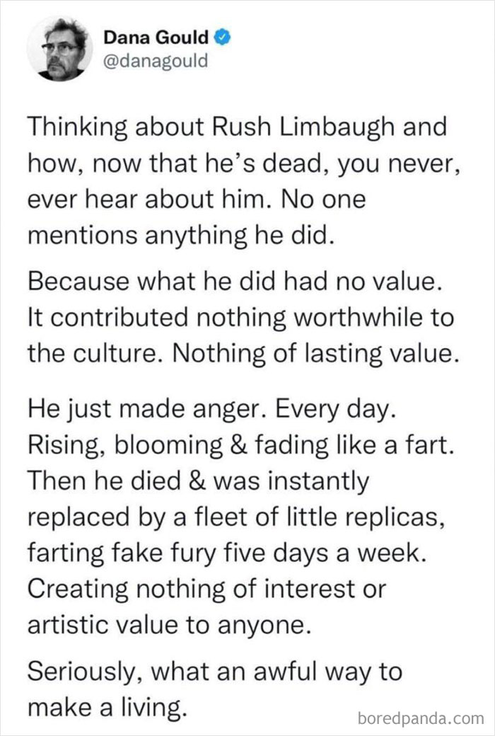 Tweet by Dana Gould reflecting on Rush Limbaugh's lack of lasting value and cultural impact after his death.