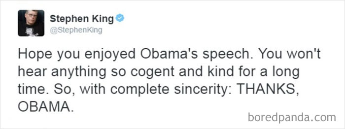 Stephen King tweet praising Obama's speech as sincere and memorable, highlighting accurate predictions aged like wine.