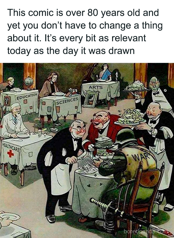 Vintage comic showing war as a wealthy guest while education, sciences, arts, and healthcare remain neglected, aged like wine concept.