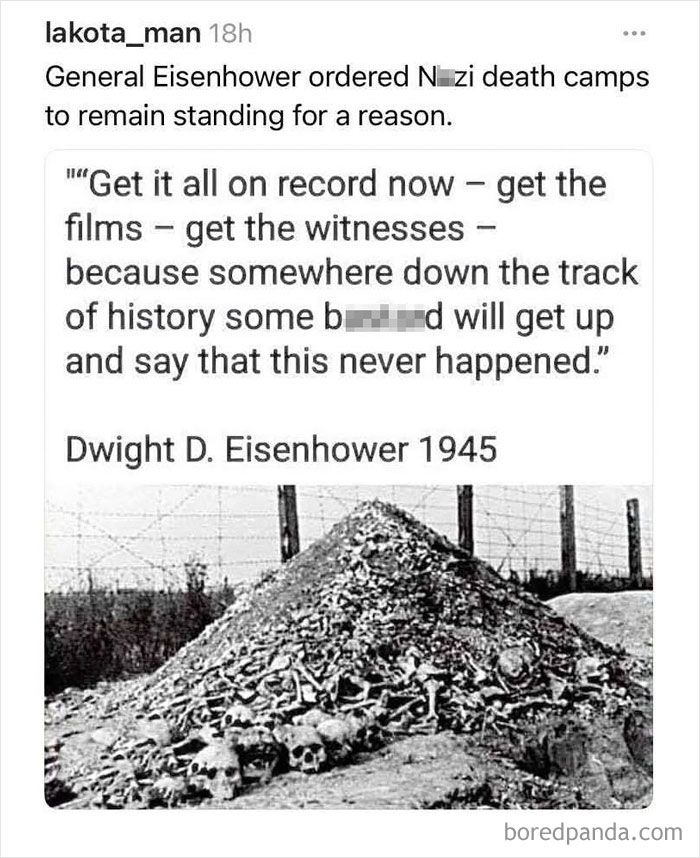 Black and white photo of skulls piled at a N**i death camp site with a historic quote by Eisenhower on remembering history.