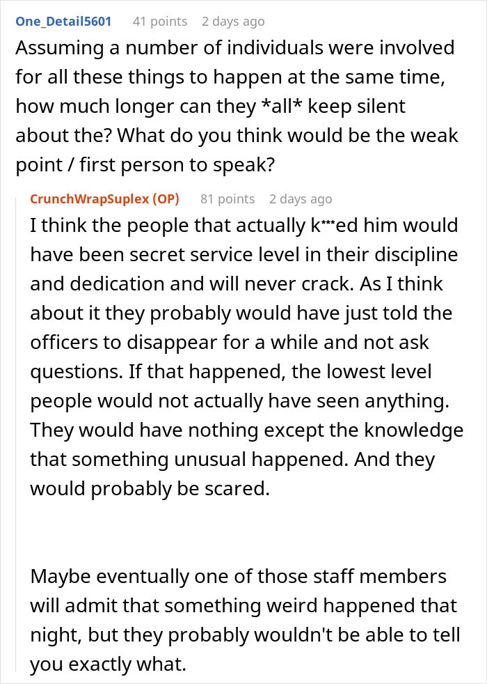 Reddit discussion screenshot showing users debating Epstein&rsquo;s death based on prison officer experience and possible cover-up.