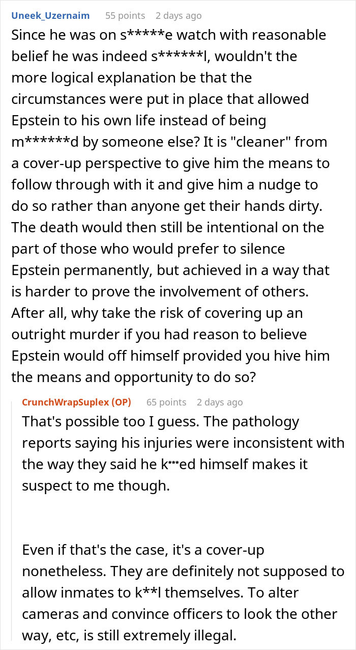 Online discussion debating Epstein&rsquo;s death with skepticism from a prison officer&rsquo;s experience perspective.