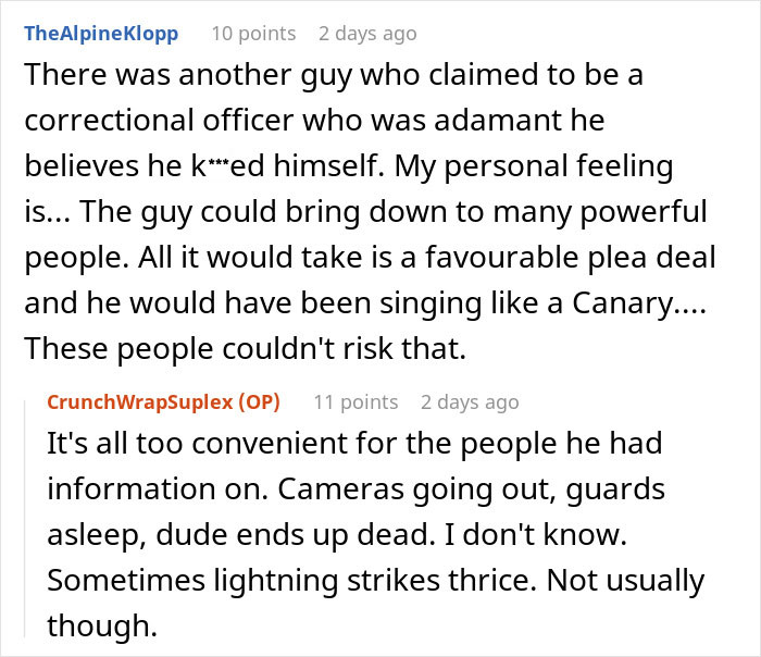 Reddit discussion about a man convinced they&rsquo;re lying about Epstein&rsquo;s death based on his experience as a prison officer.