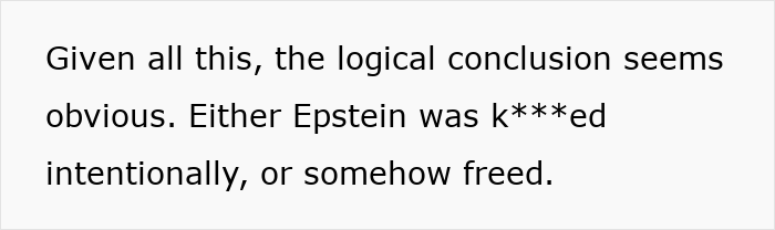 Text stating a theory about Epstein's death, suggesting intentional harm or release, based on prison officer experience.