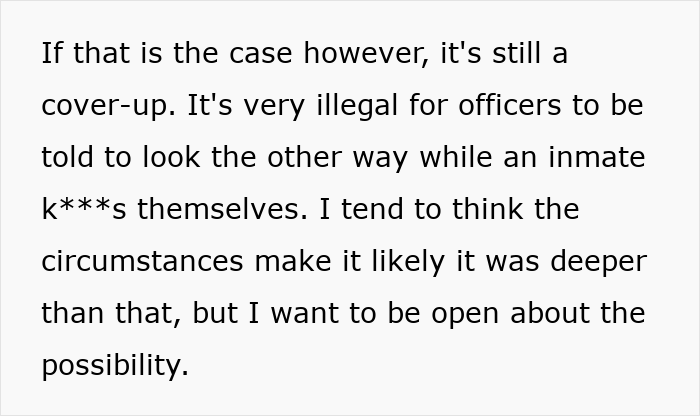 Text excerpt discussing suspicion about Epstein's death cover-up based on prison officer experience and legal concerns.