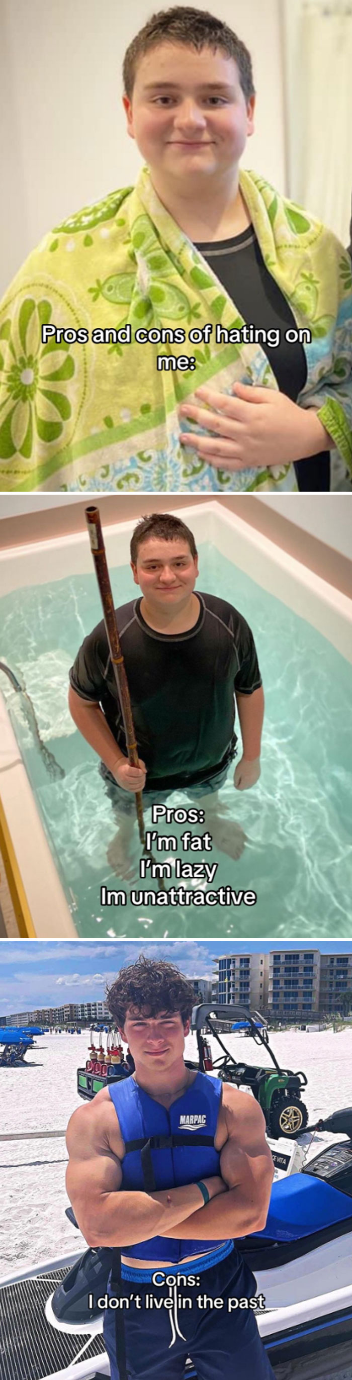 Comparison pics showing transformation of a person before and after deciding they needed to change with pros and cons text.