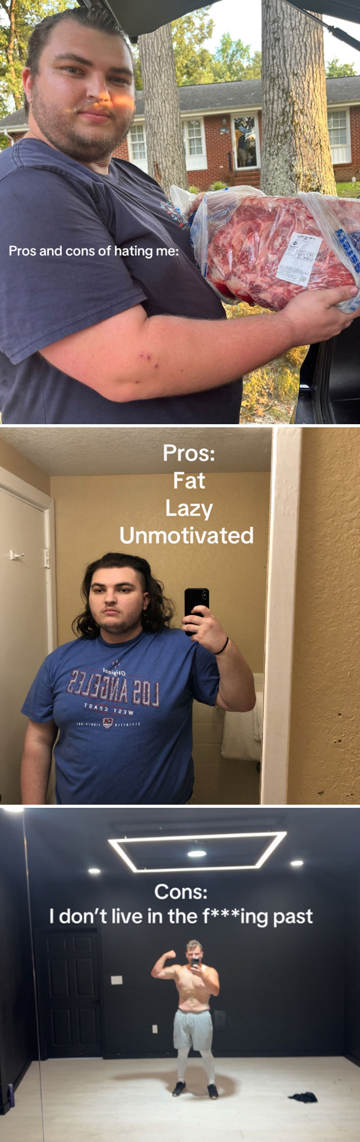 Before and after comparison pics showing people deciding they needed to change with visible physical transformations.