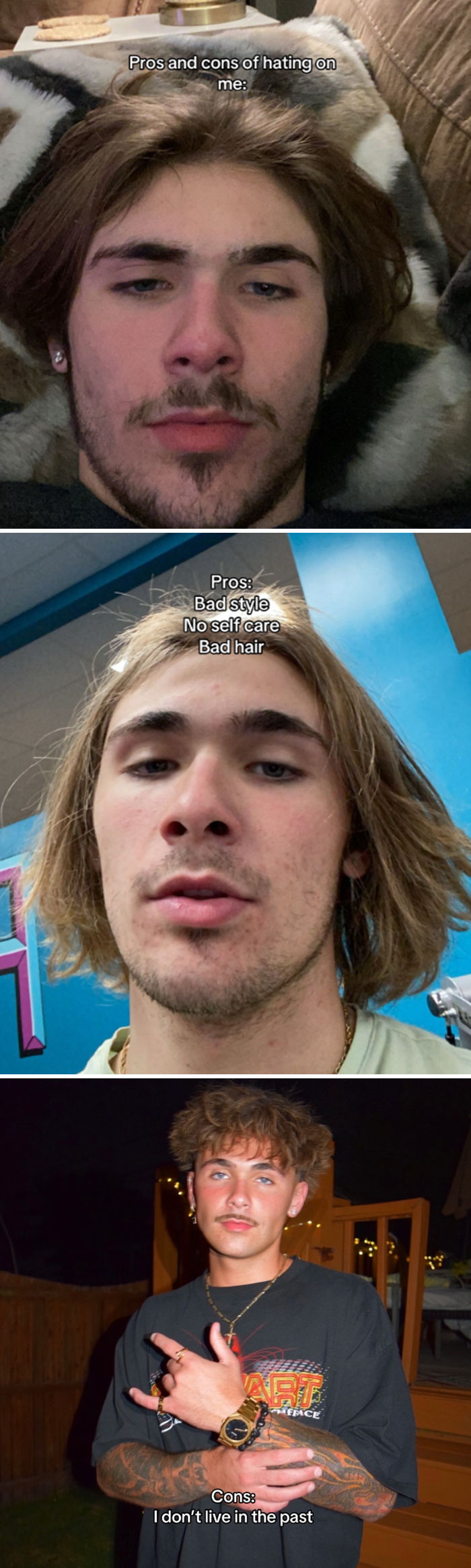 Comparison pics of a young man showing before and after personal transformation and style change.