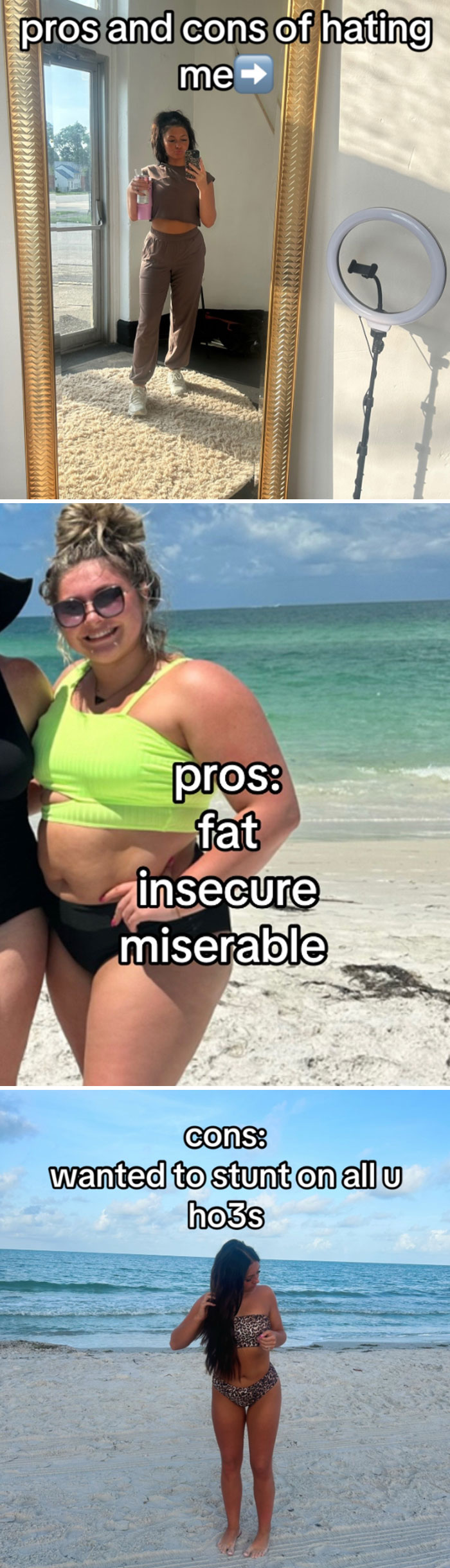 Comparison pics of people before and after transformation showing changes in confidence and appearance at the beach and indoors.