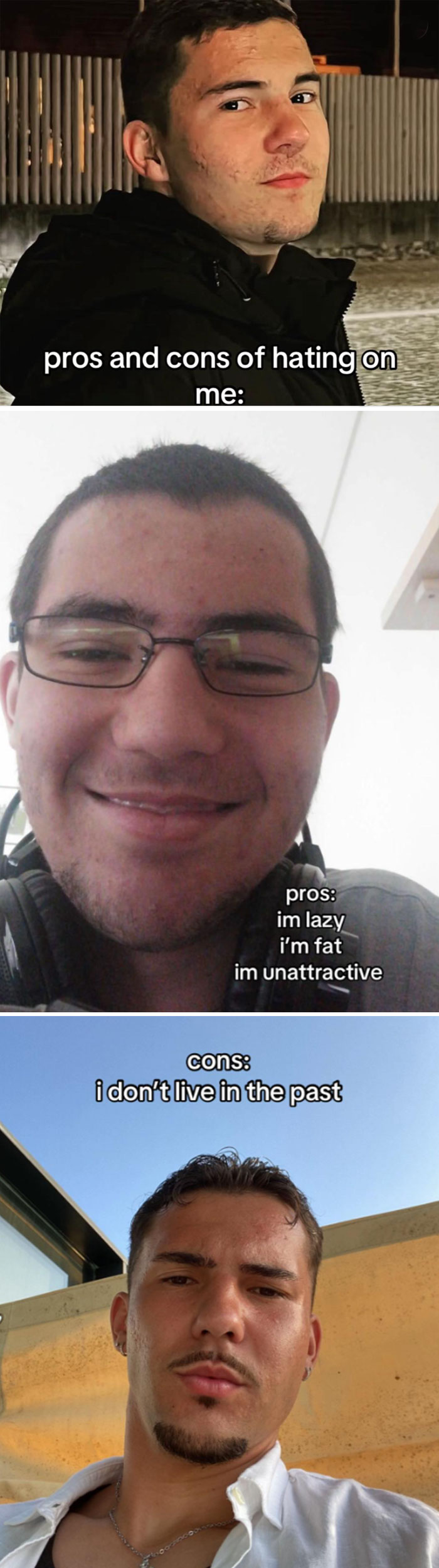 Comparison pics of a man before and after change, showing confidence and reflecting on pros and cons of self-improvement.