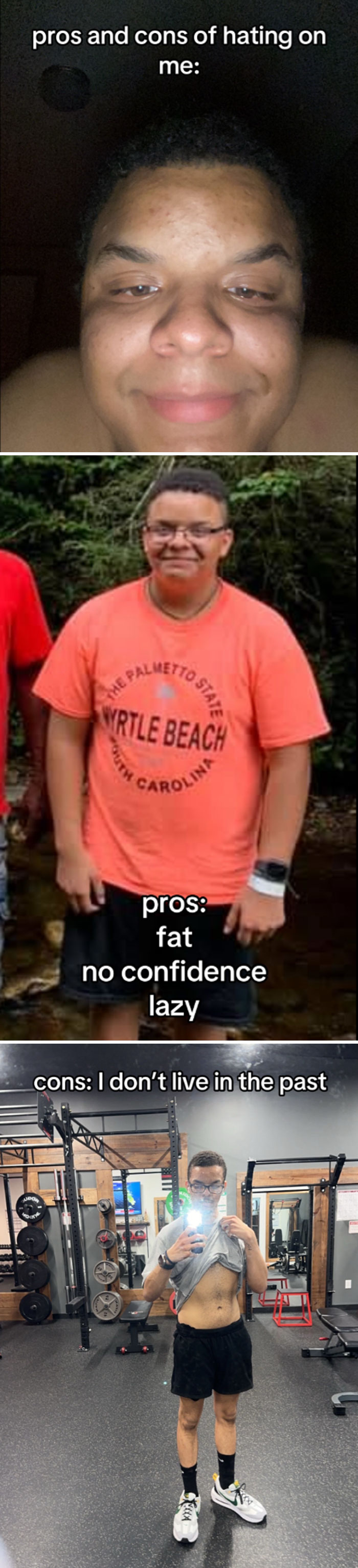 Before and after comparison of a young man’s fitness transformation showing weight loss and improved confidence.