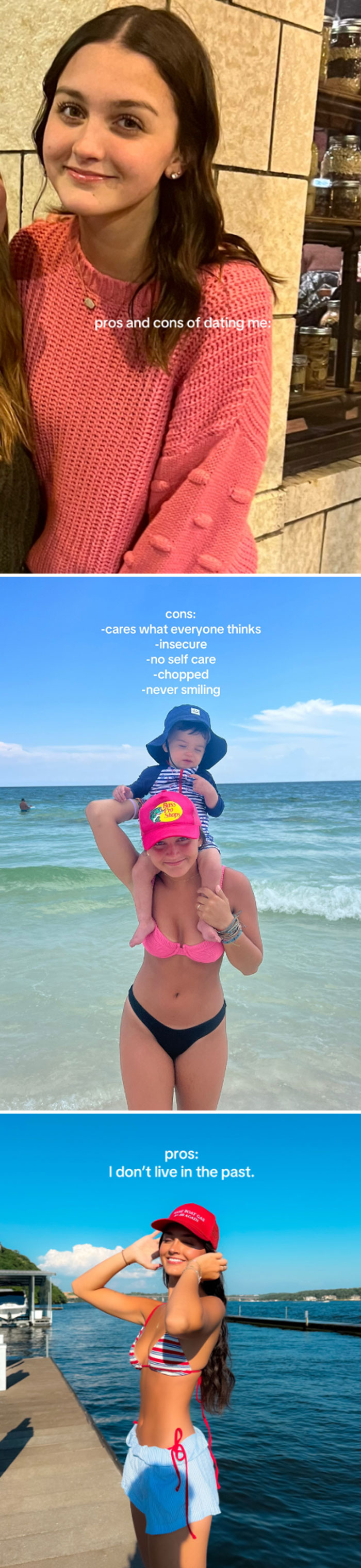 Three comparison pics of a woman before and after, illustrating personal change and self-improvement transformation.