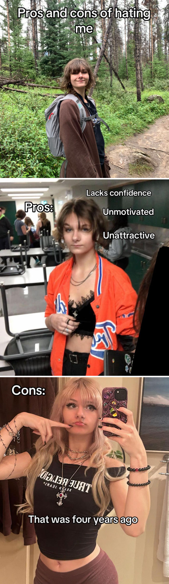 Before and after comparison pics of a person showing transformation and change over four years with confidence and style shift.