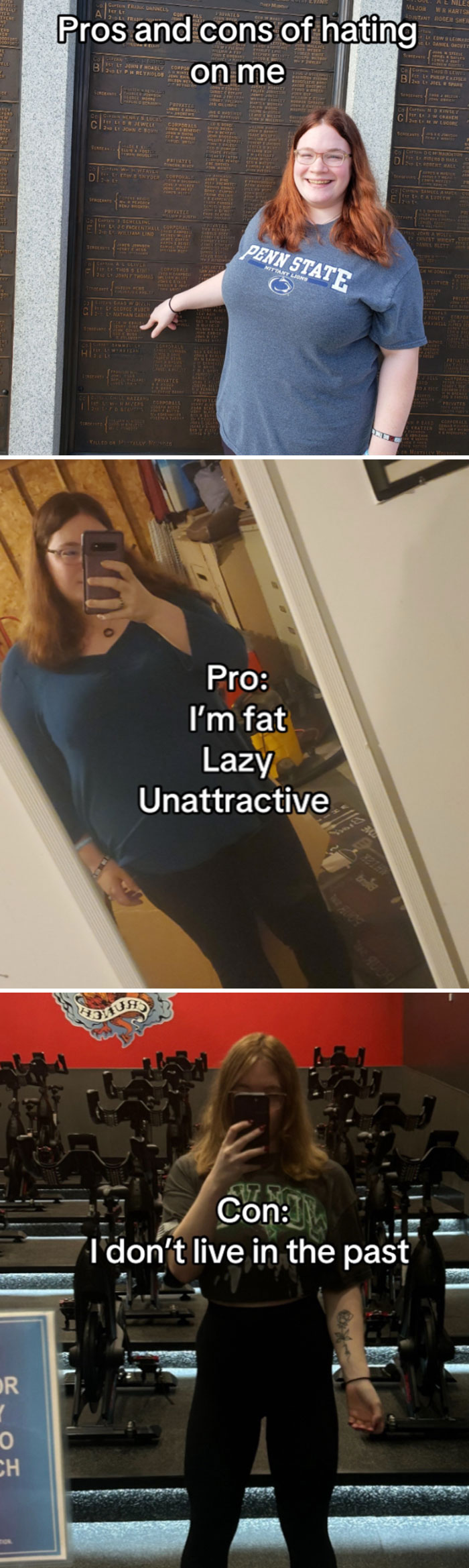 Comparison pics of person showing before and after transformation with pros and cons of their change journey