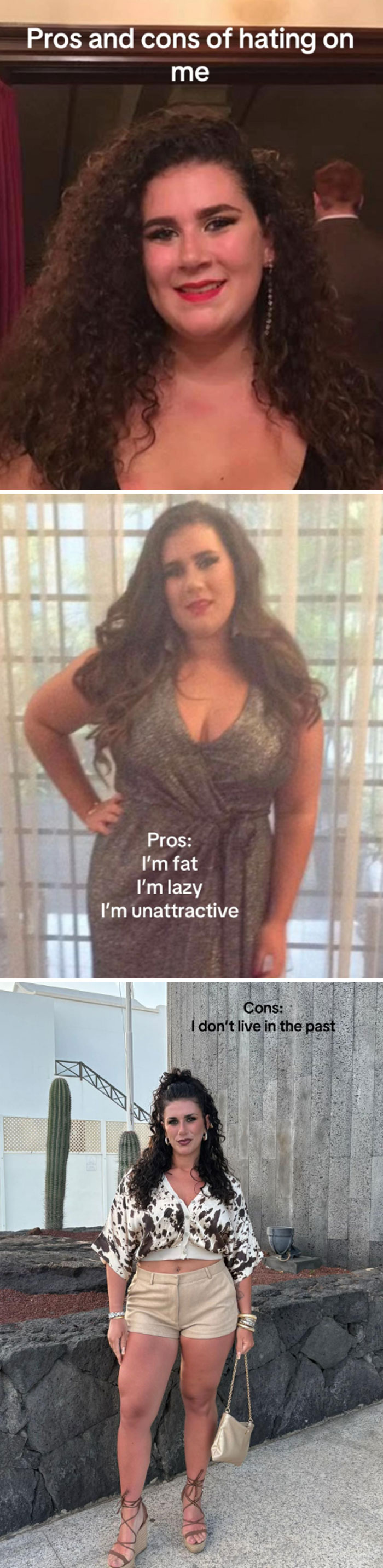 Before and after comparison of a woman showing personal transformation and confidence over time in multiple photos.