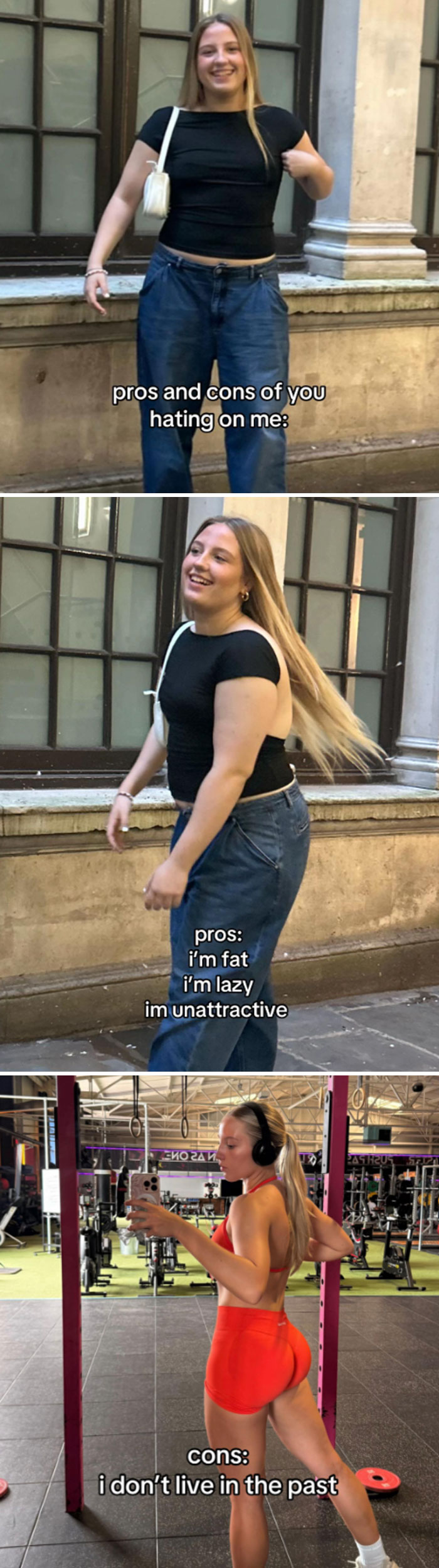 Comparison pics of a woman before and after fitness transformation showing changes in body and confidence.