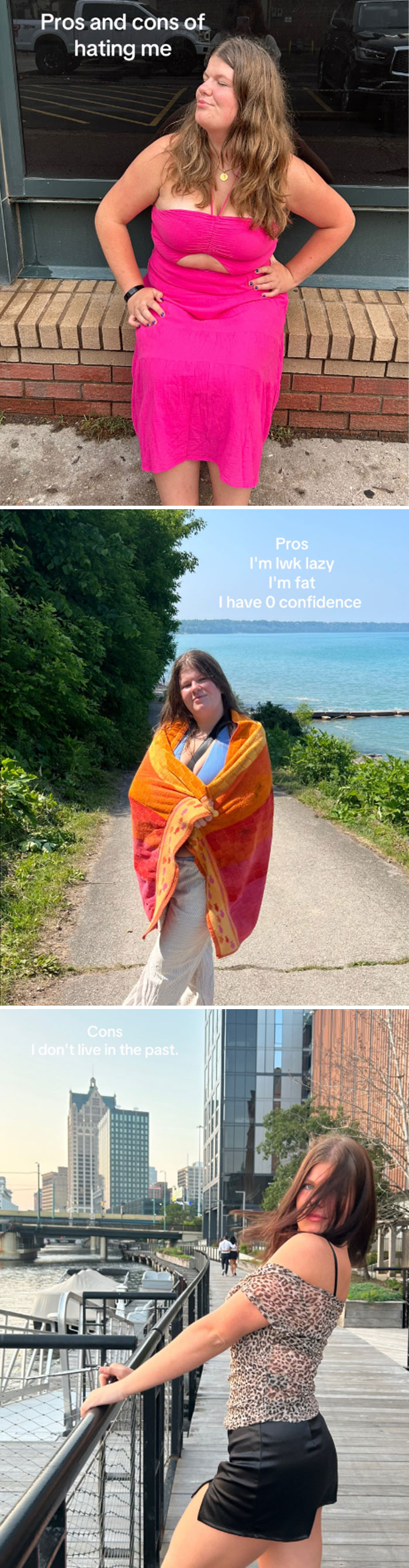 Comparison pics showing a woman before and after personal change, highlighting confidence and self-improvement transformation.