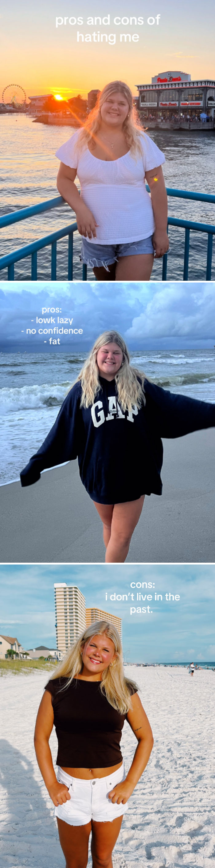 Comparison pics of a woman before and after lifestyle change showing confidence and transformation at different outdoor locations.