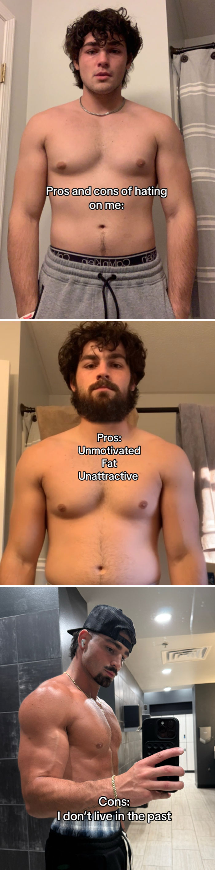 Before and after comparison pics showing a man's fitness transformation and personal change journey in a gym setting.