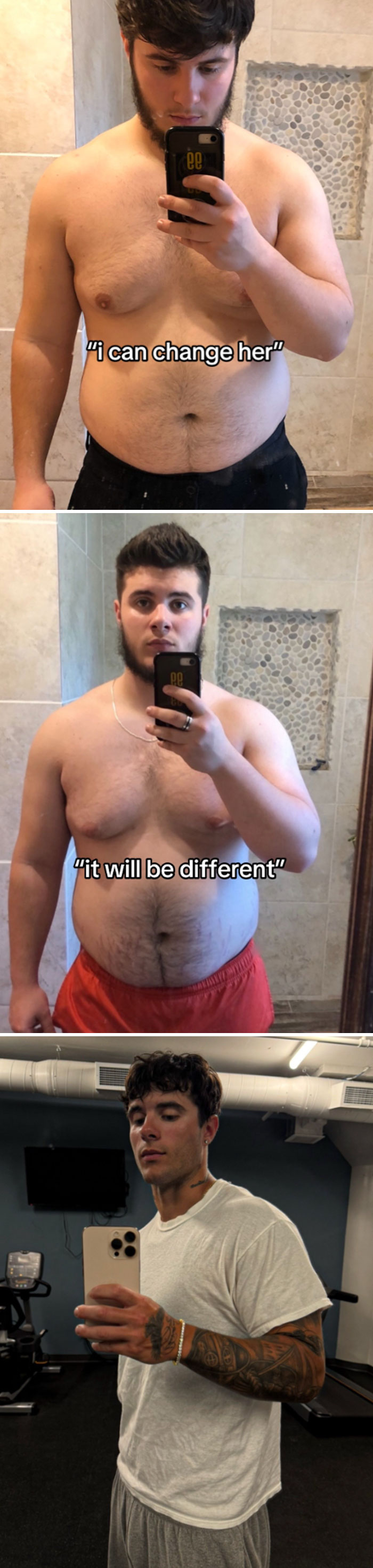 Before and after comparison pics of man showing physical transformation after deciding he needed to change his lifestyle and appearance.