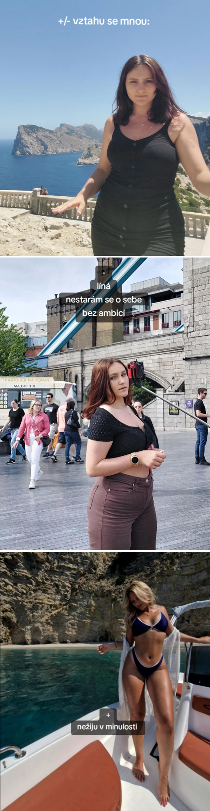 Three comparison pics showing people before and after they decided to change, highlighting personal transformation and growth.