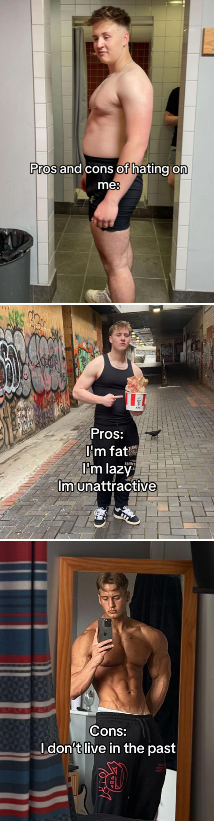 Comparison pics of a man before and after body transformation showing weight loss and muscle gain progress.