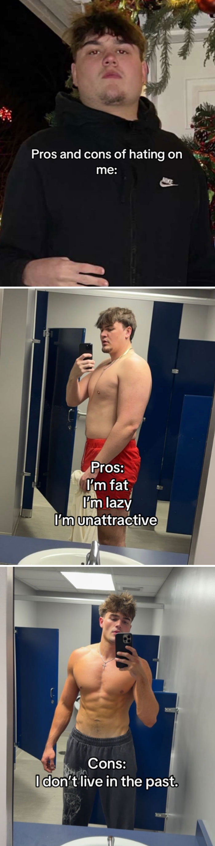 Comparison pics showing a young man's physical transformation highlighting people before and after they decided they needed to change.