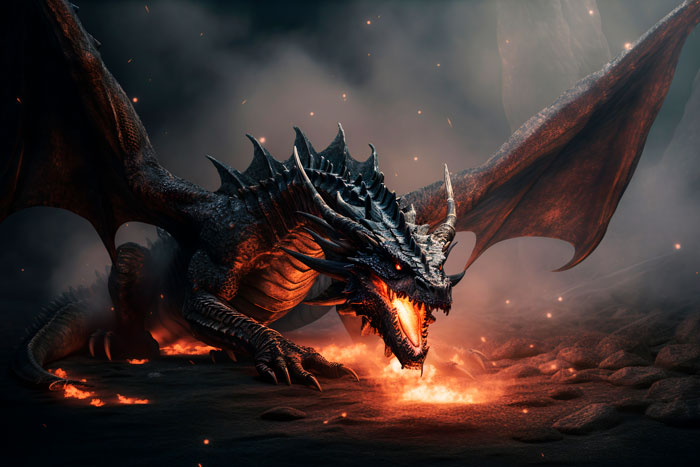 A terrifying rare condition makes a woman see dragons instead of people, depicted by a fierce fire-breathing dragon.