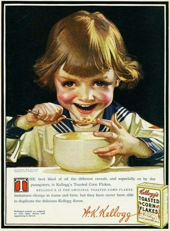 Vintage advertisement showing a child eating Kellogg's Toasted Corn Flakes, highlighting vintage advertisements charm.