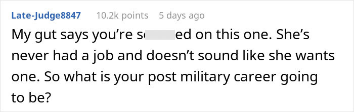 Comment discussing a man saying wife can be a stay-at-home mom for teens, with no chores, causing conflict.