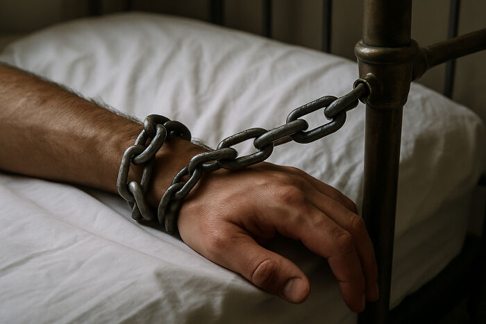Hand chained to a metal bed frame, illustrating creepy and disturbing things police officers saw at someone's home.