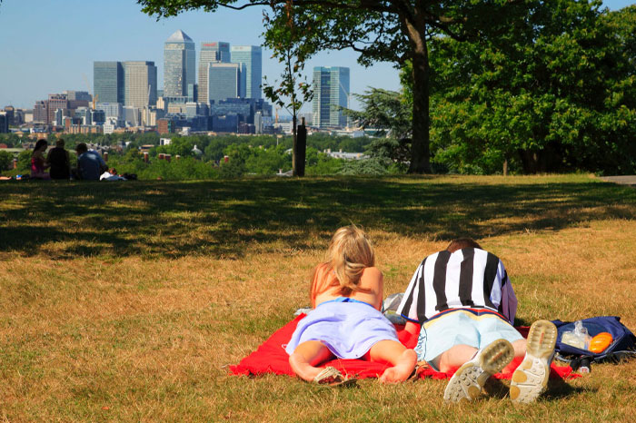Couple lying on a blanket in a park, enjoying a sunny day with city skyline in the background, mood-based questions concept.