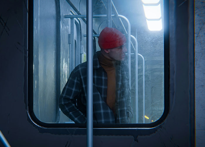 Young man with a red beanie and plaid jacket inside a subway train showing quick reactions preventing a tragedy.