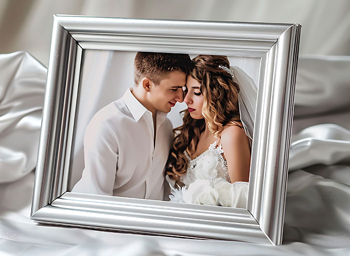 Framed photo of a bride and groom sharing an intimate moment, highlighting rage room customers needing therapy.