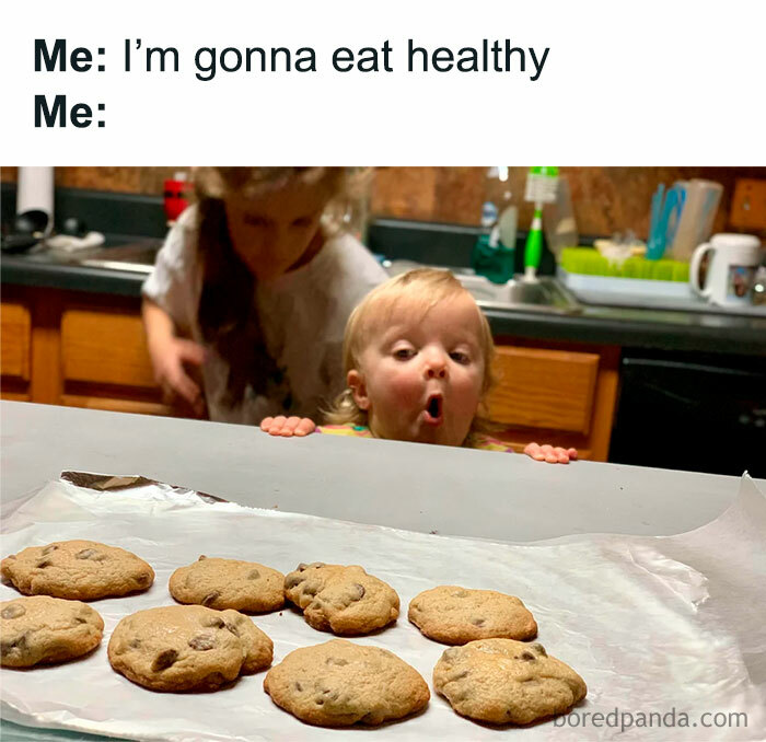 Toddler eagerly eyeing freshly baked cookies while humorously capturing relatable memes that hit you right in the too real part of the brain.