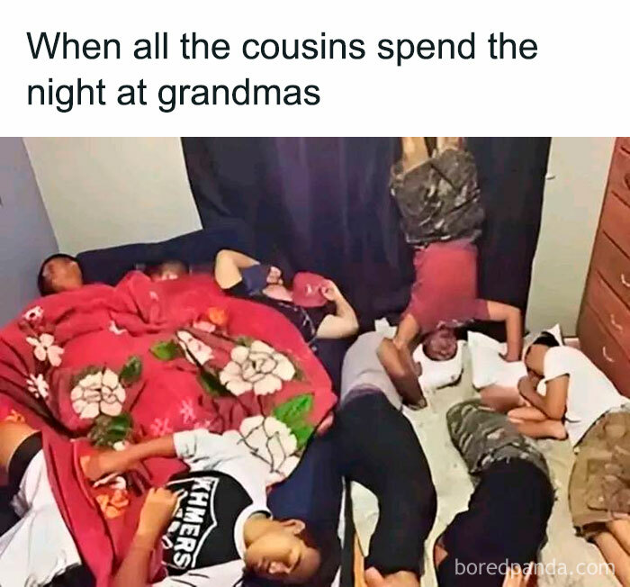 Group of kids sleeping in different unusual positions at grandma's house, a funny meme relatable to too real moments.