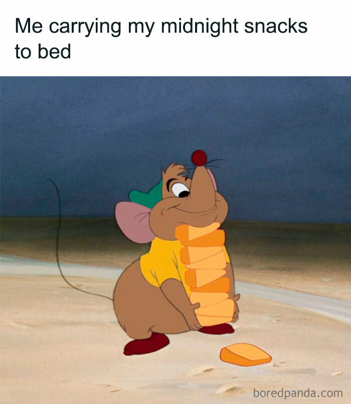 Cartoon mouse carrying a large stack of midnight snacks with a funny meme about relatable behavior.