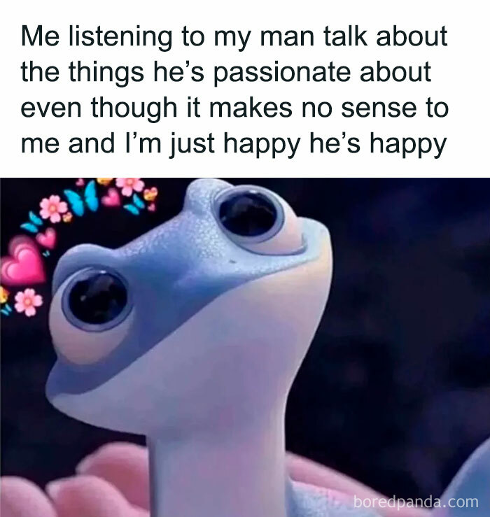 Cute animated frog with a flower and heart crown, representing funny memes that hit the too real part of the brain.