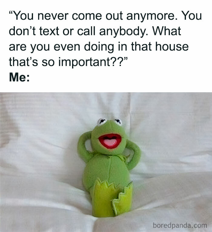Meme showing Kermit the Frog relaxing on a bed, illustrating funny memes that feel too real about staying home.