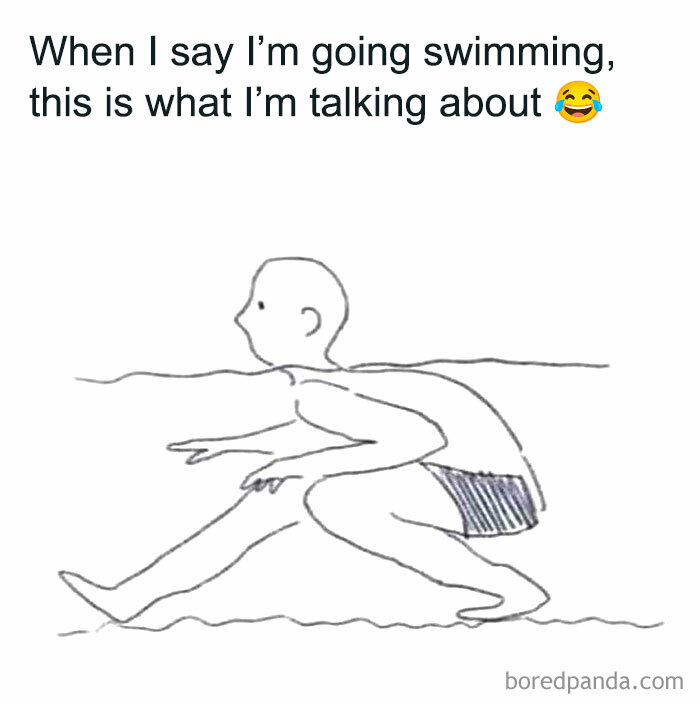 Simple line drawing meme of a person awkwardly trying to swim, illustrating funny memes that hit you right in the too real part.