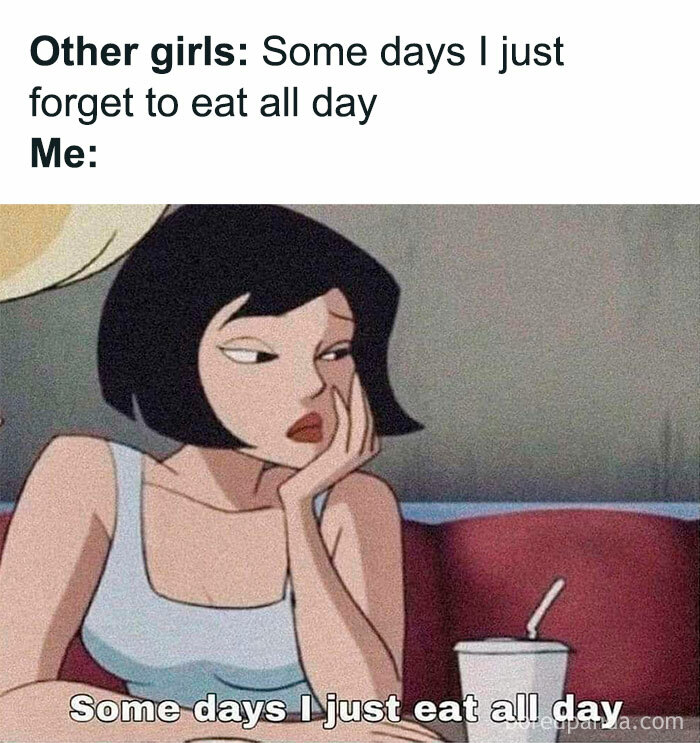 Cartoon woman with short black hair looking bored at a table with a drink, representing relatable funny memes.