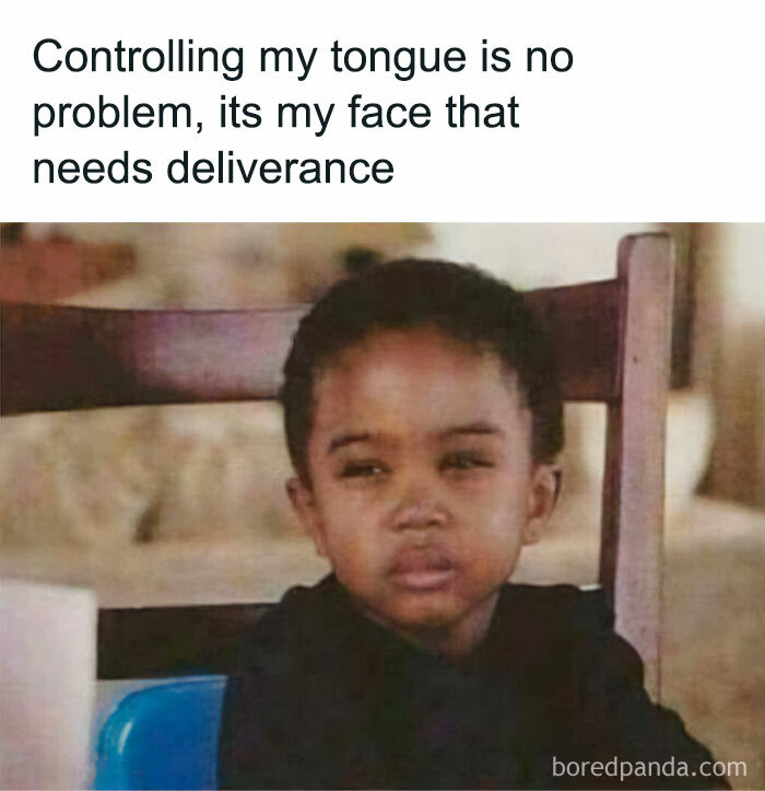 Young child with a skeptical expression sitting in a chair, representing funny memes that hit the too real part of the brain.