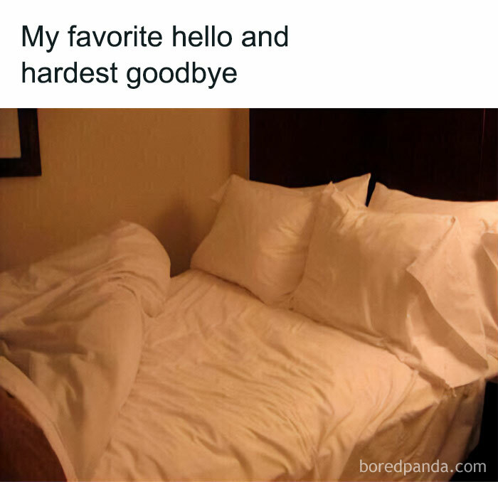Bed with neatly arranged pillows and rumpled sheets, a funny meme capturing relatable moments in life.