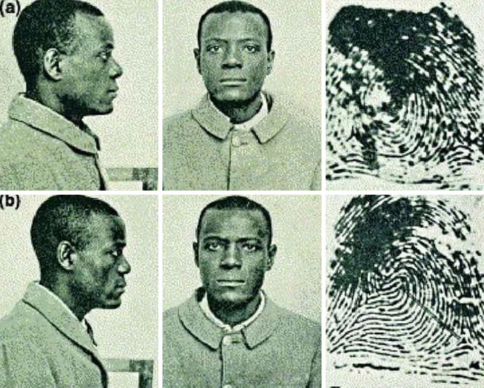 Mugshots and fingerprint scans of two men showing rare coincidences in fingerprints that look almost identical.