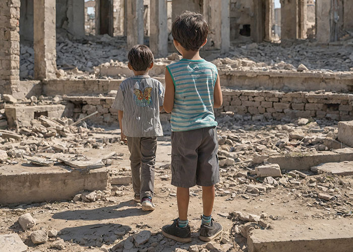 Two children stand amid rubble and destruction, illustrating real-life terror and moments of fear beyond paranoia.