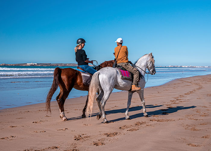 Two people riding horses on a beach under clear blue sky, capturing moments of real-life terror and paranoia.