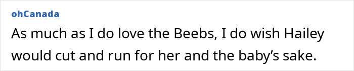 Text comment about Justin and Hailey Bieber’s troubled marriage shared on social media expressing concern for Hailey. Text comment about Justin and Hailey Bieber’s troubled marriage shared on social media expressing concern for Hailey.
